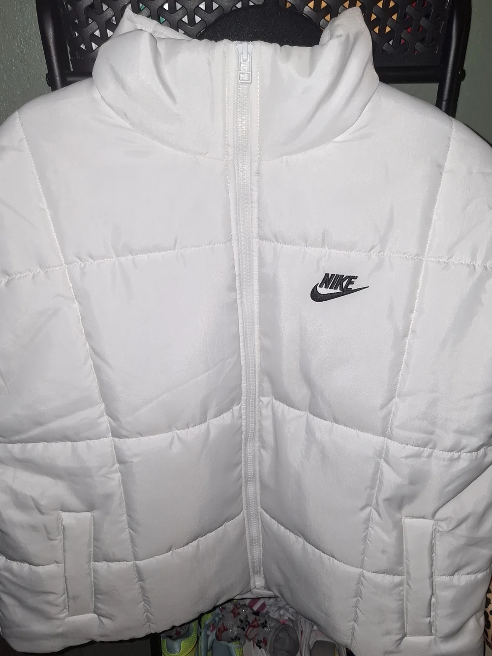 Nike White Quilted Cropped Puffer Jacket with Black Logo